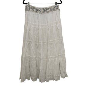 BCBG Max Azria Beaded Waist Tiered Long Skirt Womens S White Boho Cottagecore